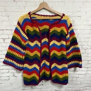 Hand Made Crochet Zig Zag Open Front Cardigan Sweater Bell Sleeve Rainbow Granny